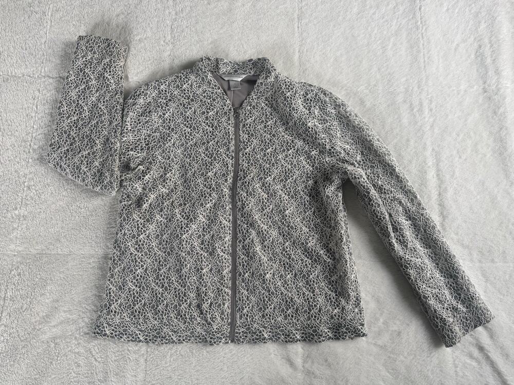 Christopher & Banks Womens White & Gray Lace Mock Neck Lined Full Zip Jacket S